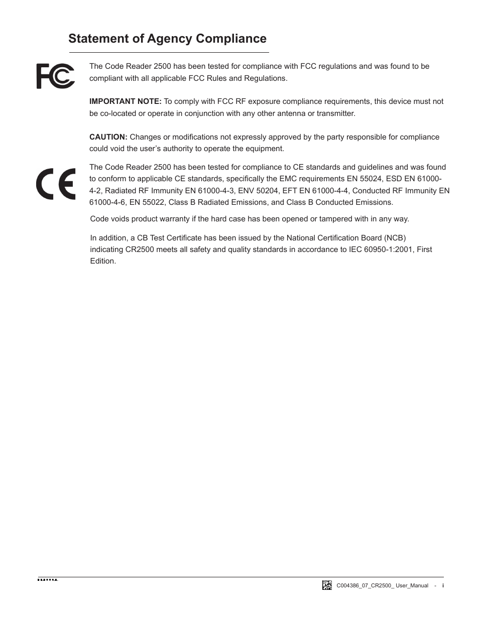 Statement of agency compliance | Code CR2500 User Manual | Page 2 / 62