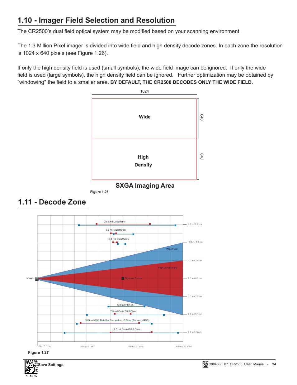 10 - imager field selection and resolution, 11 - decode zone, Sxga imaging area | Code CR2500 User Manual | Page 30 / 62