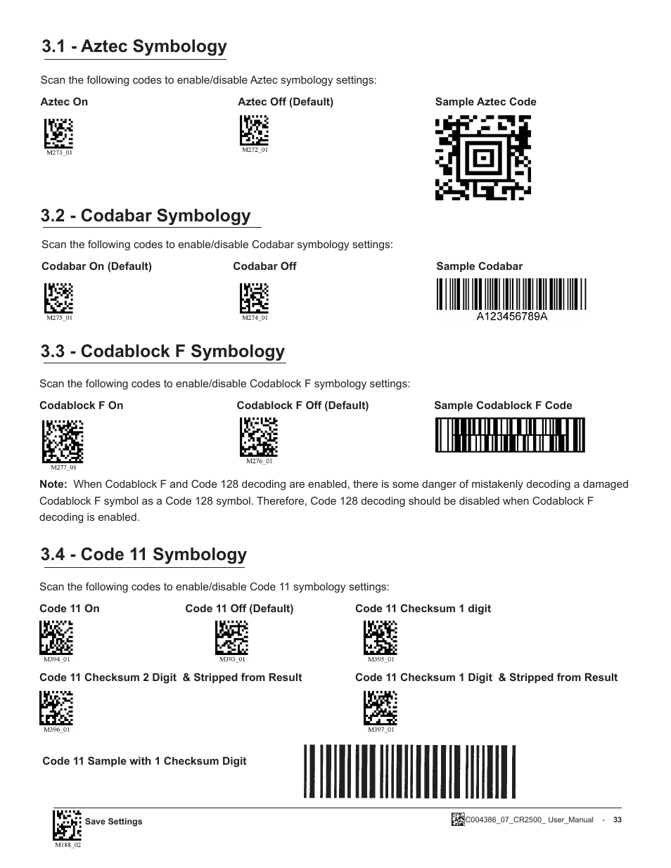 1 - aztec symbology, 2 - codabar symbology, 3 - codablock f symbology | 4 - code 11 symbology | Code CR2500 User Manual | Page 39 / 62