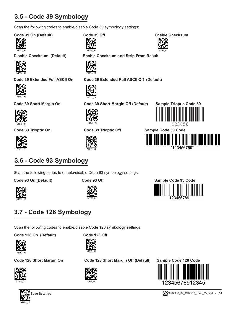 5 - code 39 symbology, 6 - code 93 symbology, 7 - code 128 symbology | Code CR2500 User Manual | Page 40 / 62