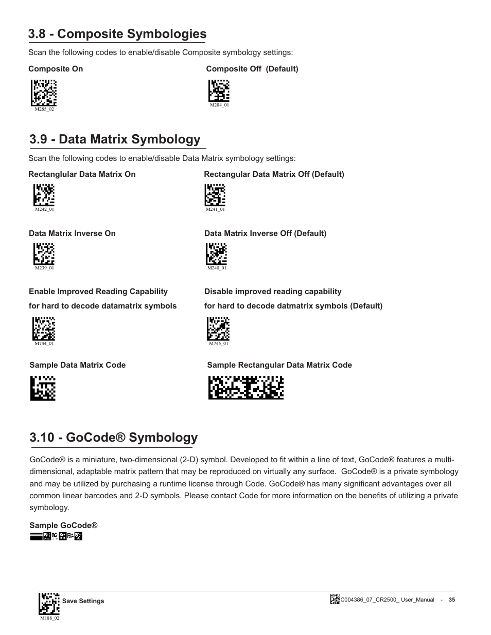 8 - composite symbologies, 10 - gocode® symbology, 9 - data matrix symbology | Code CR2500 User Manual | Page 41 / 62