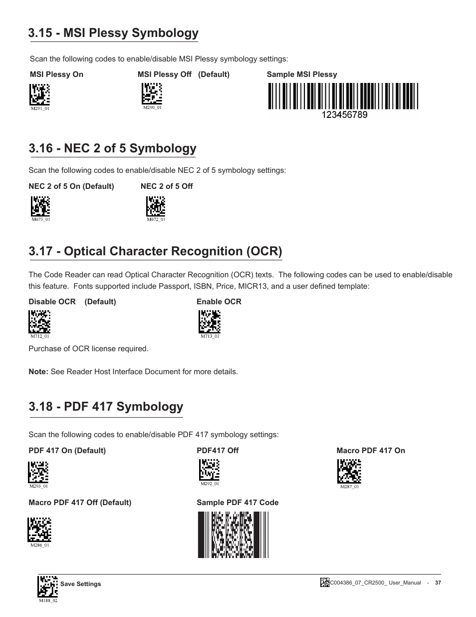 15 - msi plessy symbology, 16 - nec 2 of 5 symbology, 17 - optical character recognition (ocr) | Code CR2500 User Manual | Page 43 / 62
