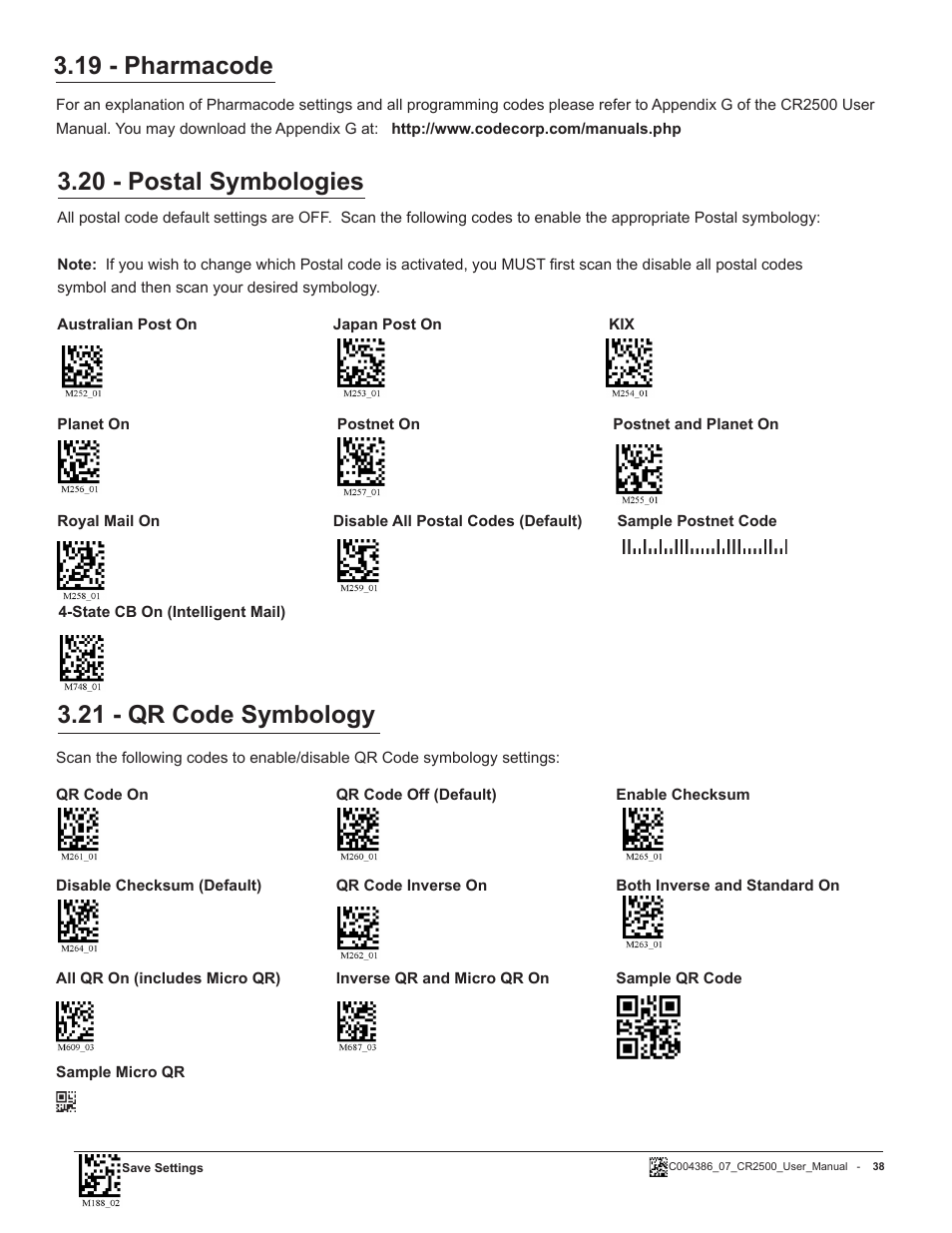 19 - pharmacode, 20 - postal symbologies, 21 - qr code symbology | Code CR2500 User Manual | Page 44 / 62
