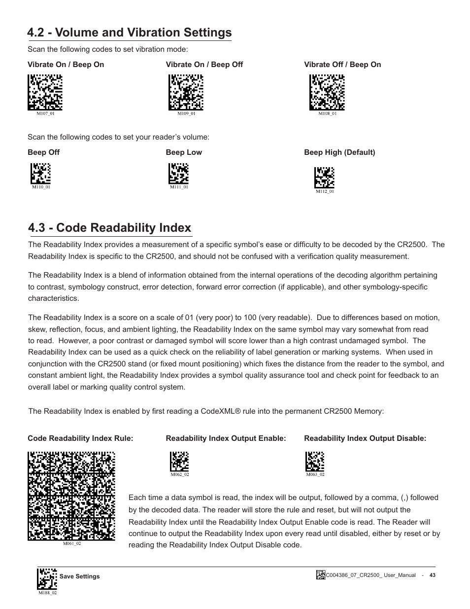 2 - volume and vibration settings, 3 - code readability index | Code CR2500 User Manual | Page 49 / 62