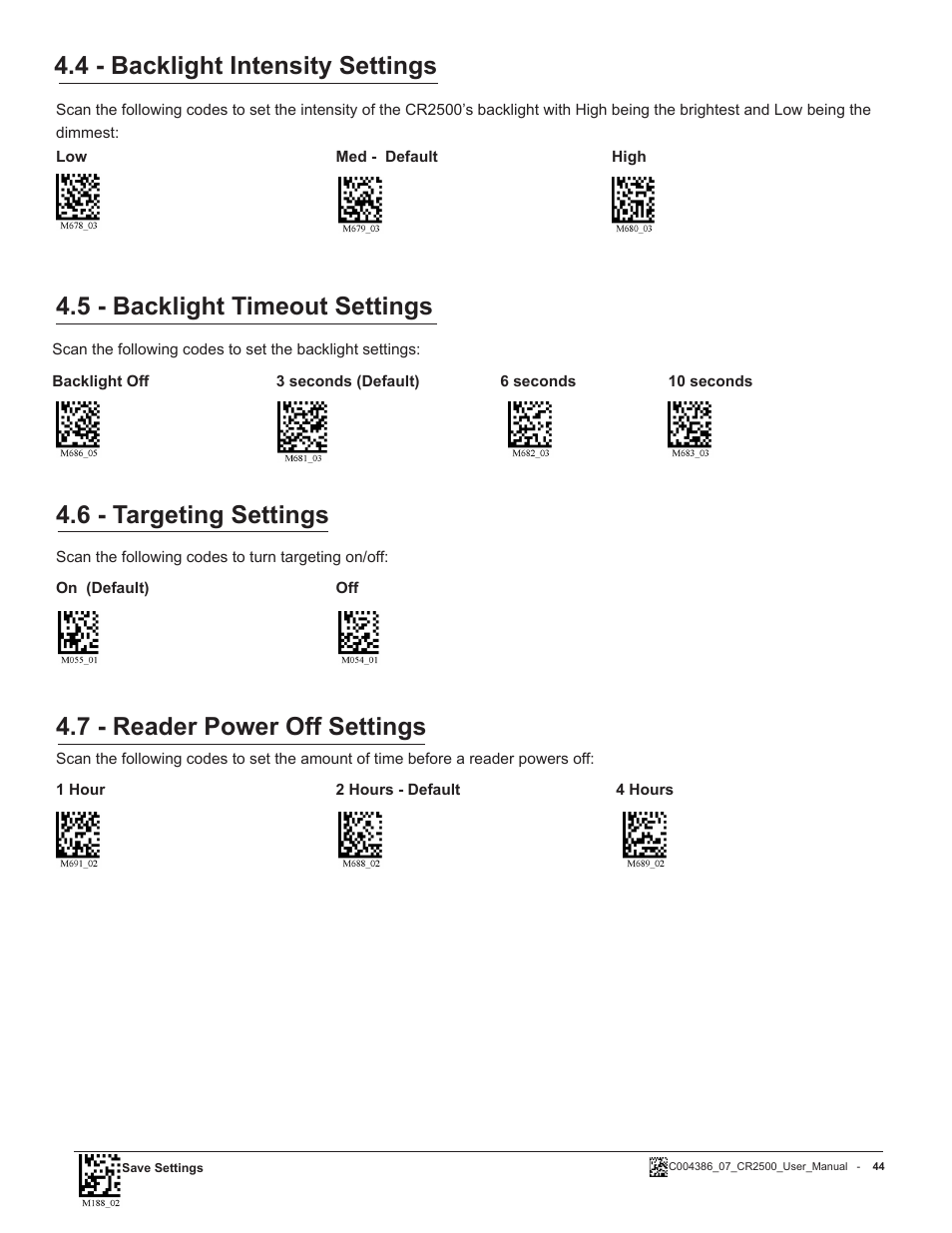 4 - backlight intensity settings, 7 - reader power off settings | Code CR2500 User Manual | Page 50 / 62