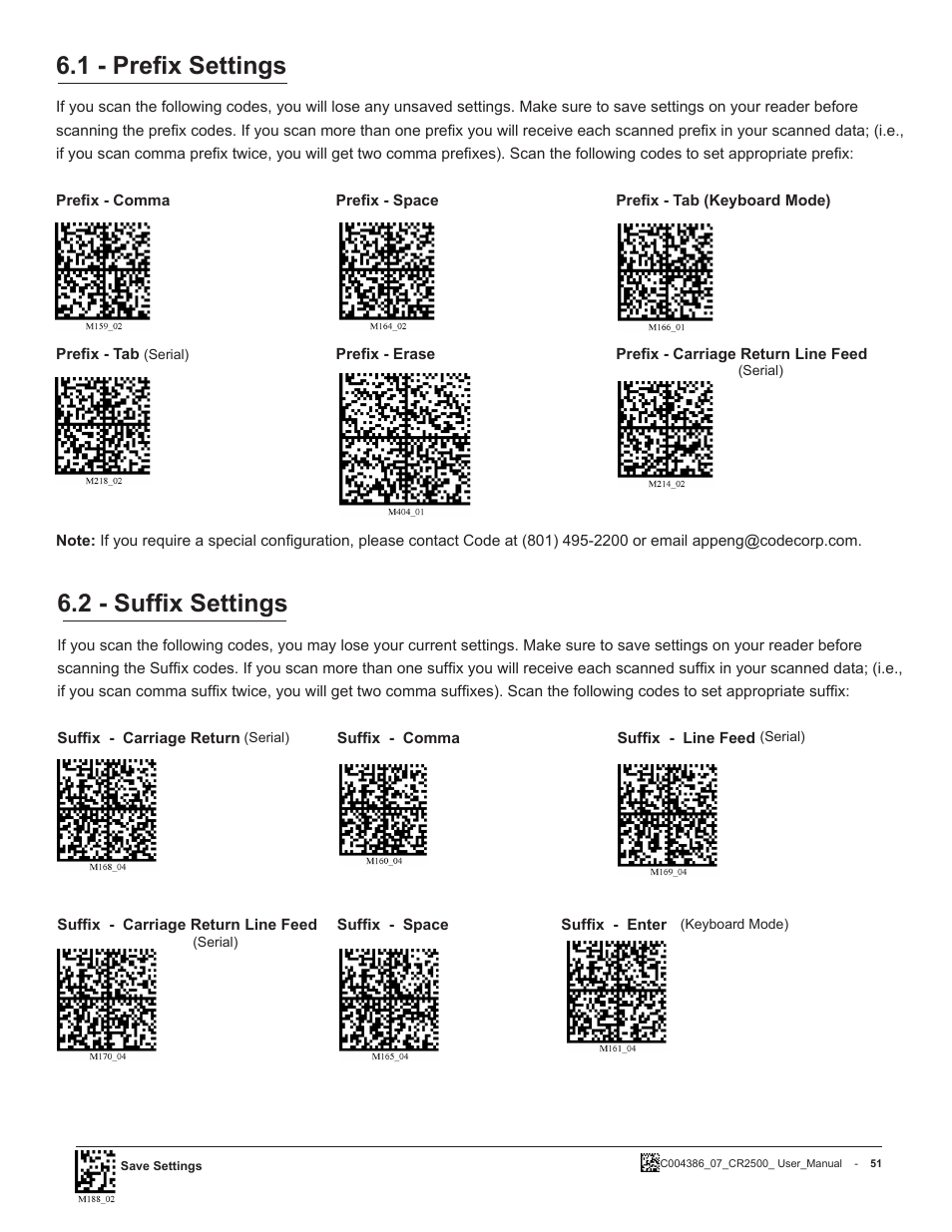 1 - prefix settings, 2 - suffix settings | Code CR2500 User Manual | Page 57 / 62