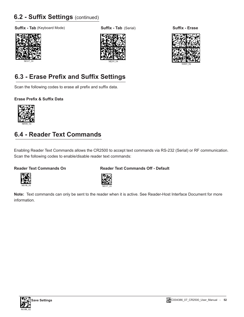 2 - suffix settings, 4 - reader text commands, 3 - erase prefix and suffix settings | Code CR2500 User Manual | Page 58 / 62