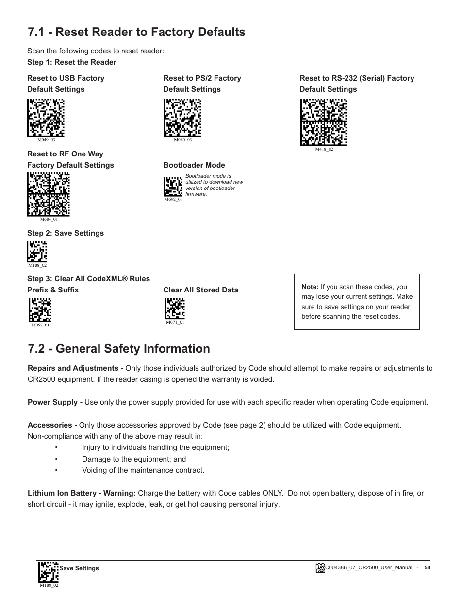 1 - reset reader to factory defaults, 2 - general safety information | Code CR2500 User Manual | Page 60 / 62