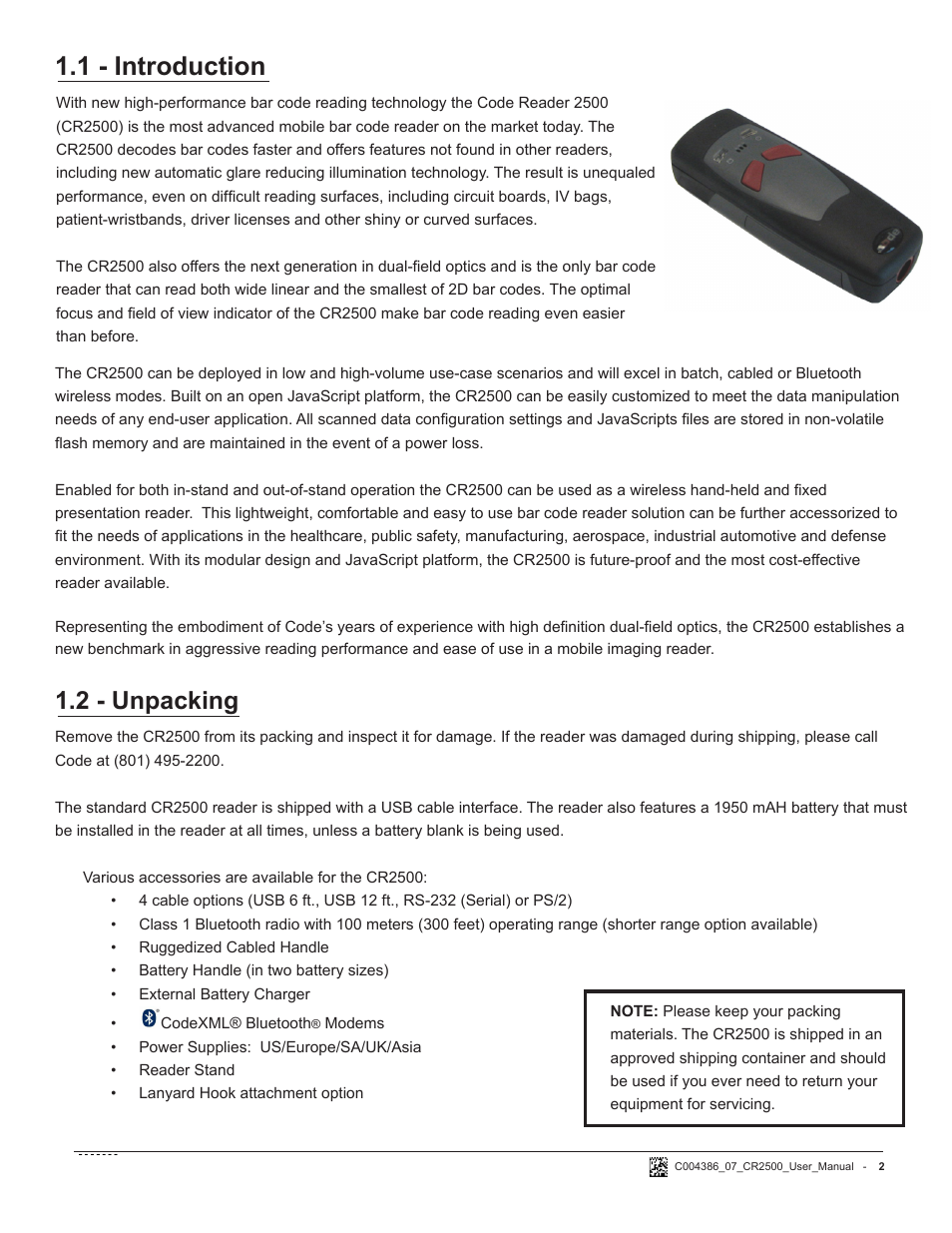 1 - introduction, 2 - unpacking | Code CR2500 User Manual | Page 8 / 62