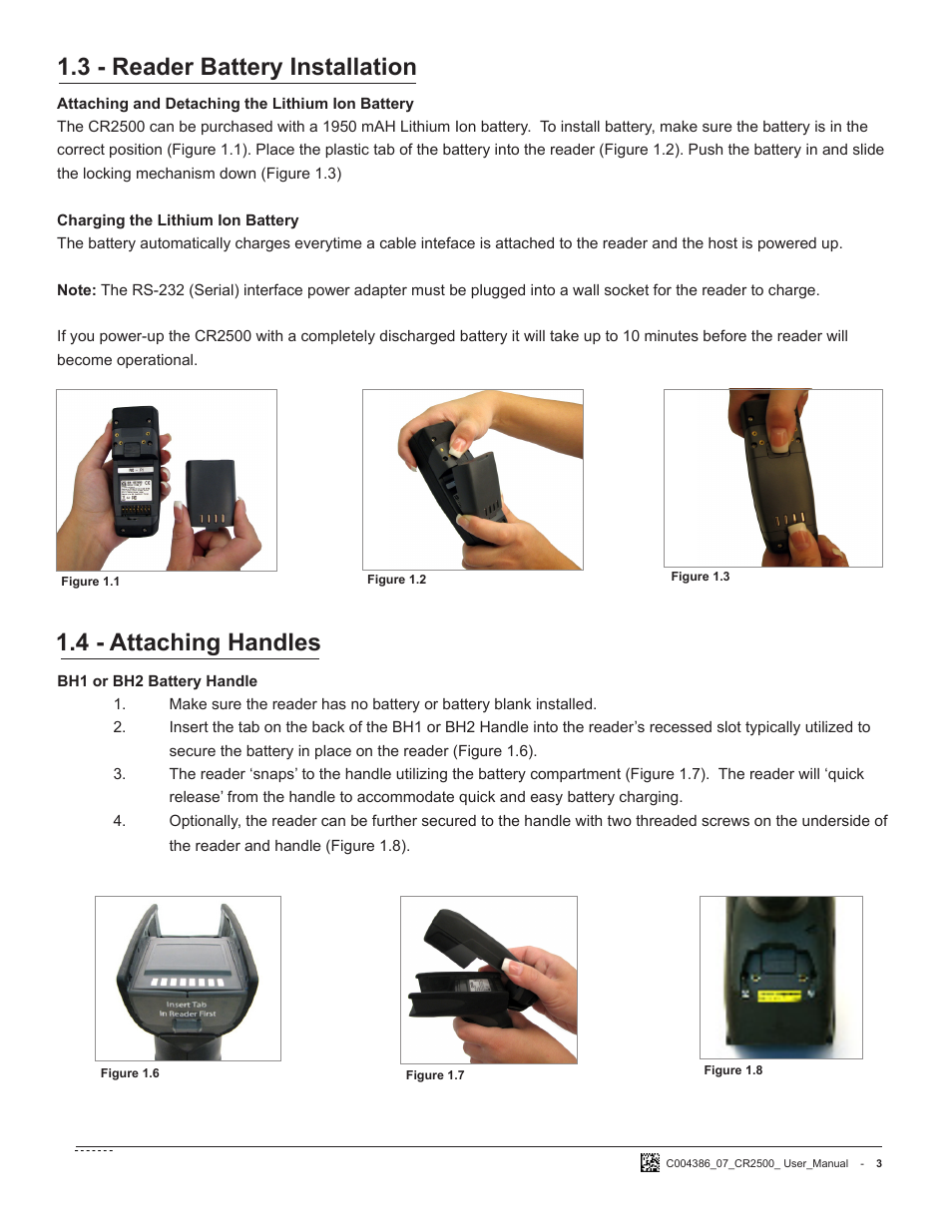 3 - reader battery installation, 4 - attaching handles | Code CR2500 User Manual | Page 9 / 62