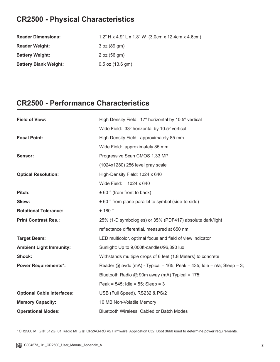 Cr2500 - physical characteristics, Cr2500 - performance characteristics | Code CR2500 Appendix User Manual | Page 2 / 3