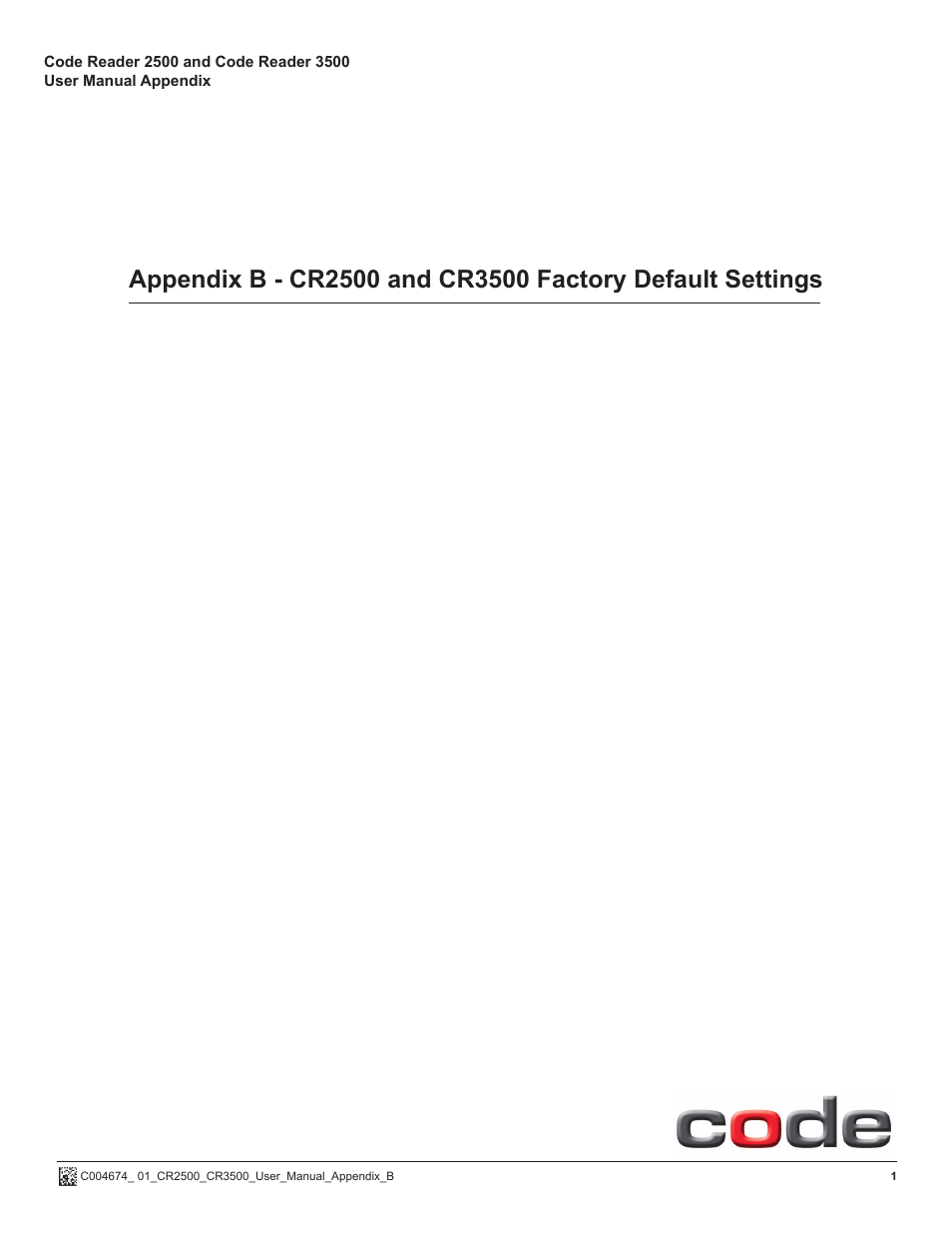 Code CR2500 Factory Default Settings User Manual | 3 pages