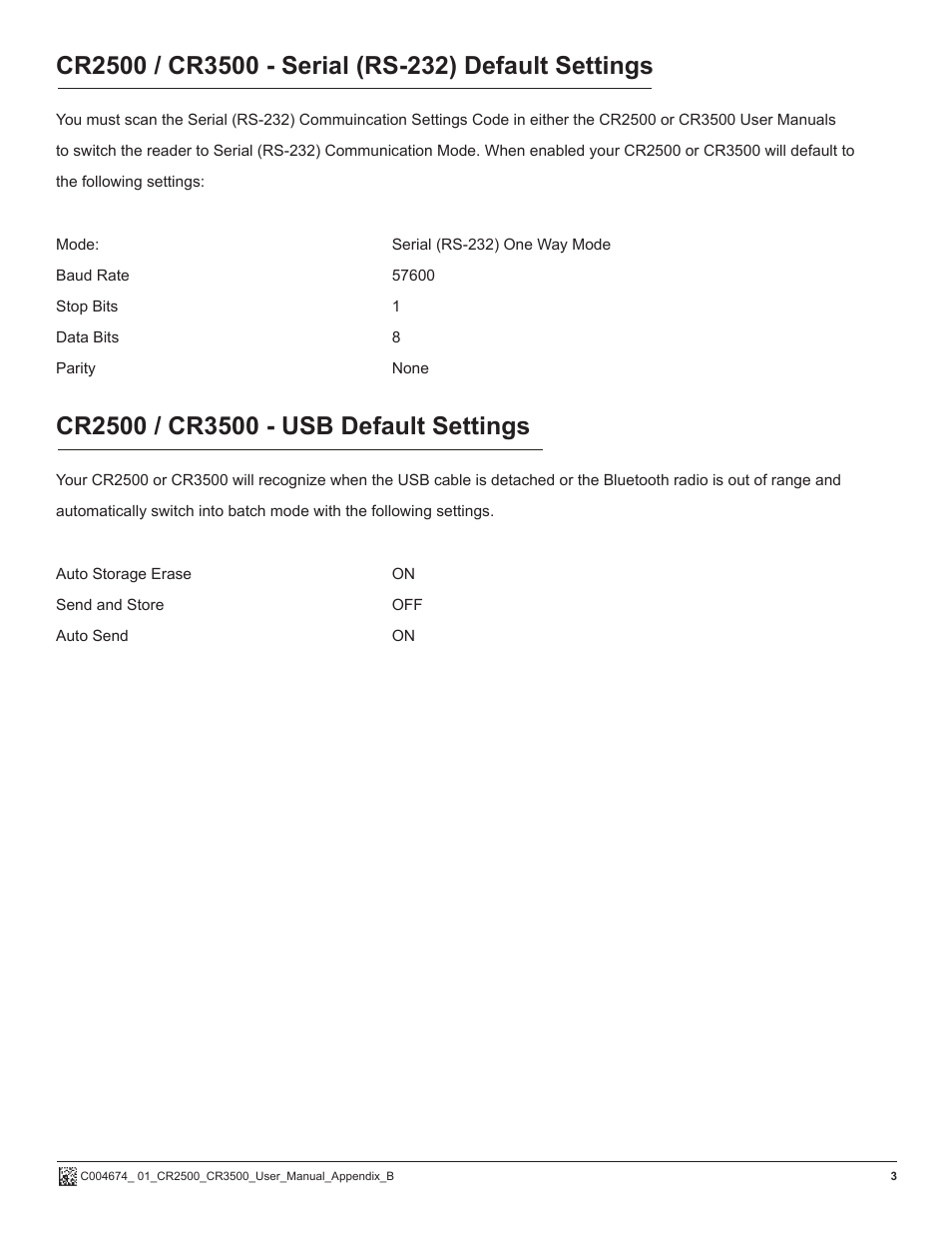 Code CR2500 Factory Default Settings User Manual | Page 3 / 3