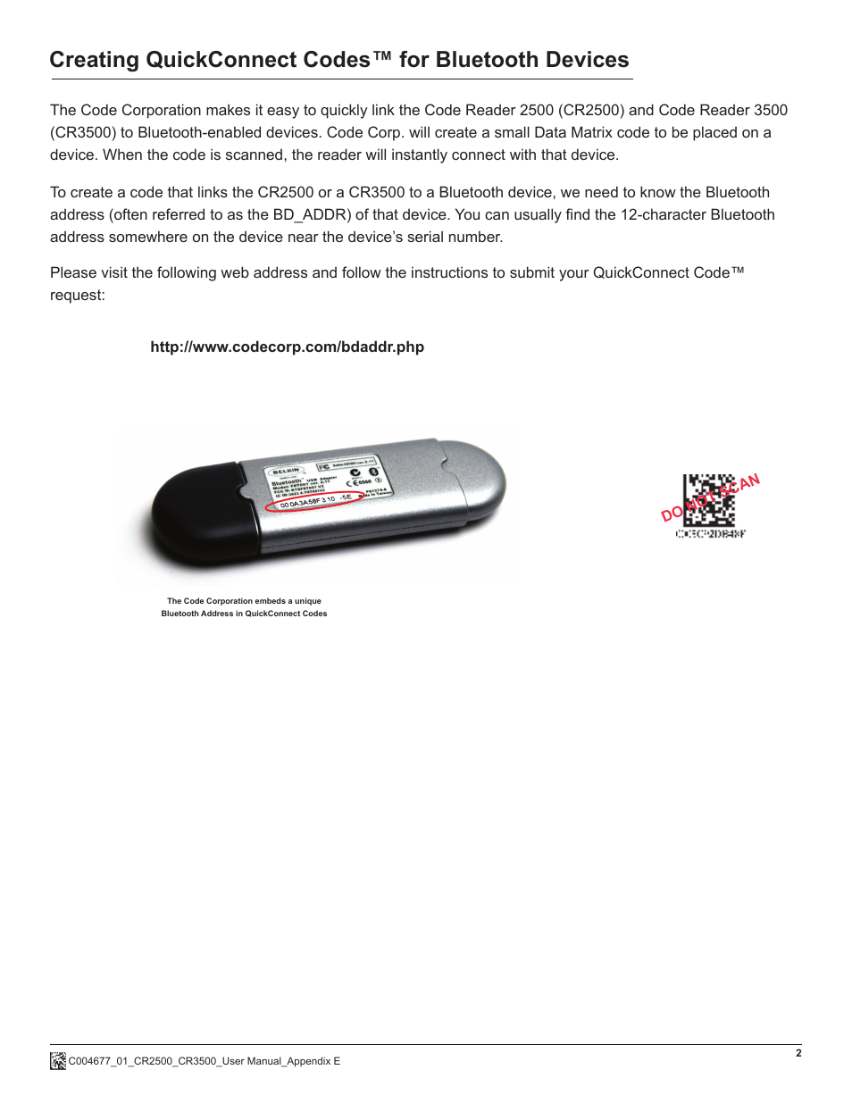 Creating quickconnect codes™ for bluetooth devices | Code CR2500 QuickConnect Codes User Manual | Page 2 / 2