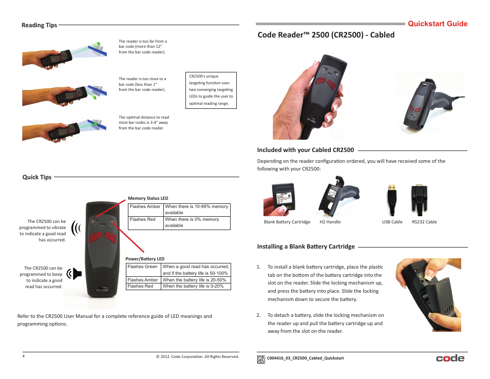 Code CR2500 Quick Start User Manual | 2 pages