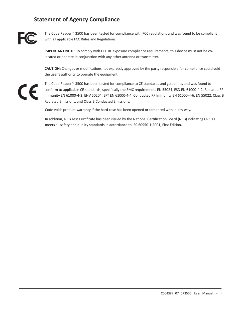 Statement of agency compliance | Code CR3500 User Manual | Page 2 / 64