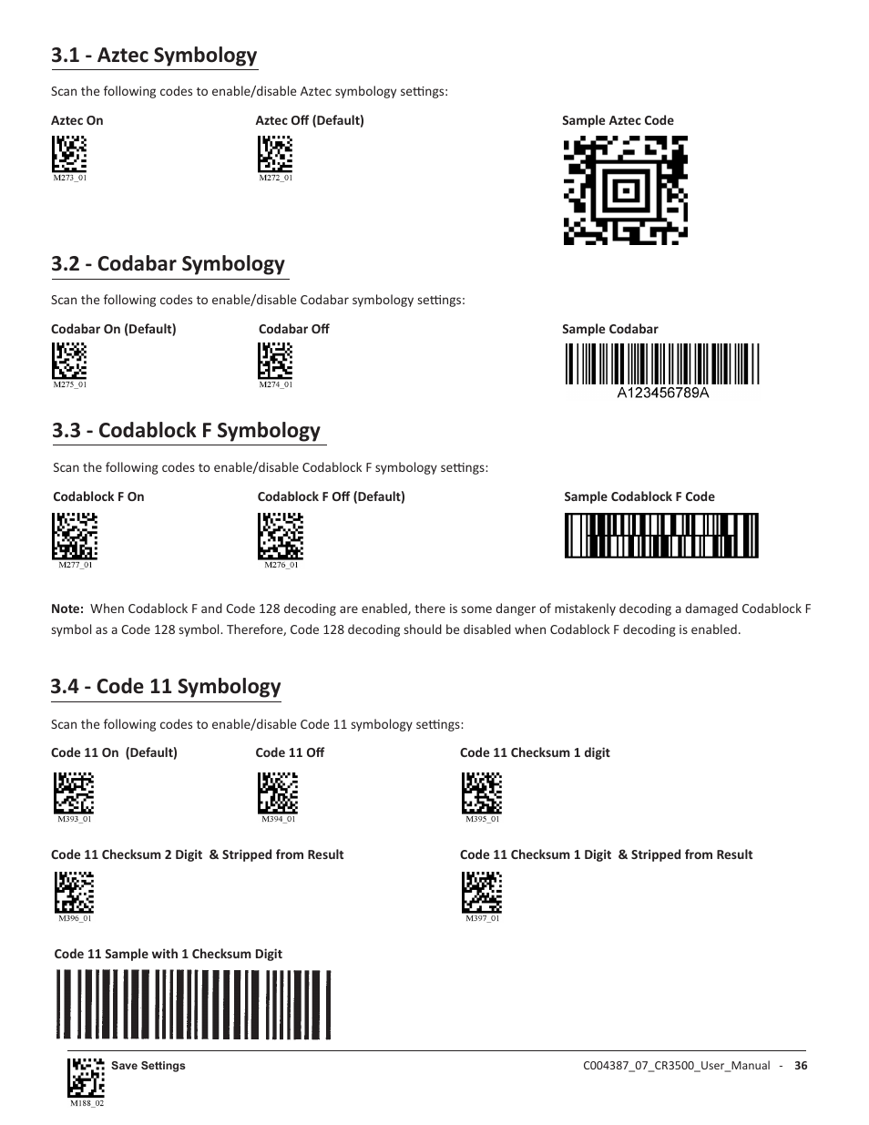1 - aztec symbology, 2 - codabar symbology, 3 - codablock f symbology | 4 - code 11 symbology | Code CR3500 User Manual | Page 42 / 64