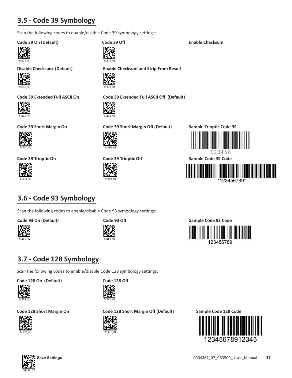 5 - code 39 symbology, 6 - code 93 symbology, 7 - code 128 symbology | Code CR3500 User Manual | Page 43 / 64