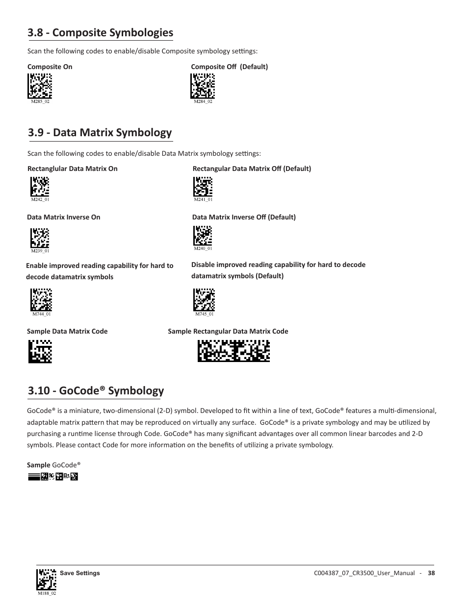 8 - composite symbologies, 10 - gocode® symbology, 9 - data matrix symbology | Code CR3500 User Manual | Page 44 / 64