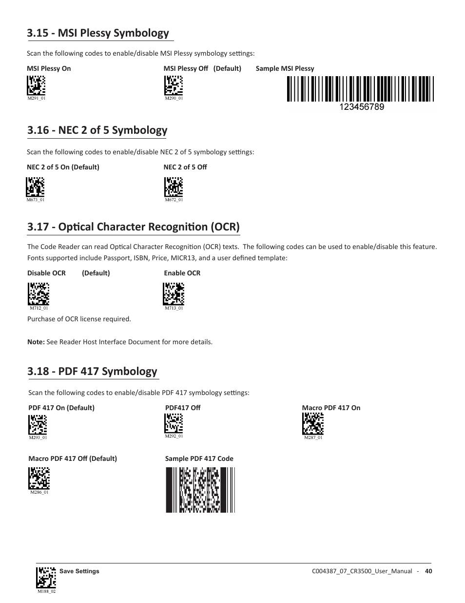 15 - msi plessy symbology, 16 - nec 2 of 5 symbology, 17 - optical character recognition (ocr) | Code CR3500 User Manual | Page 46 / 64