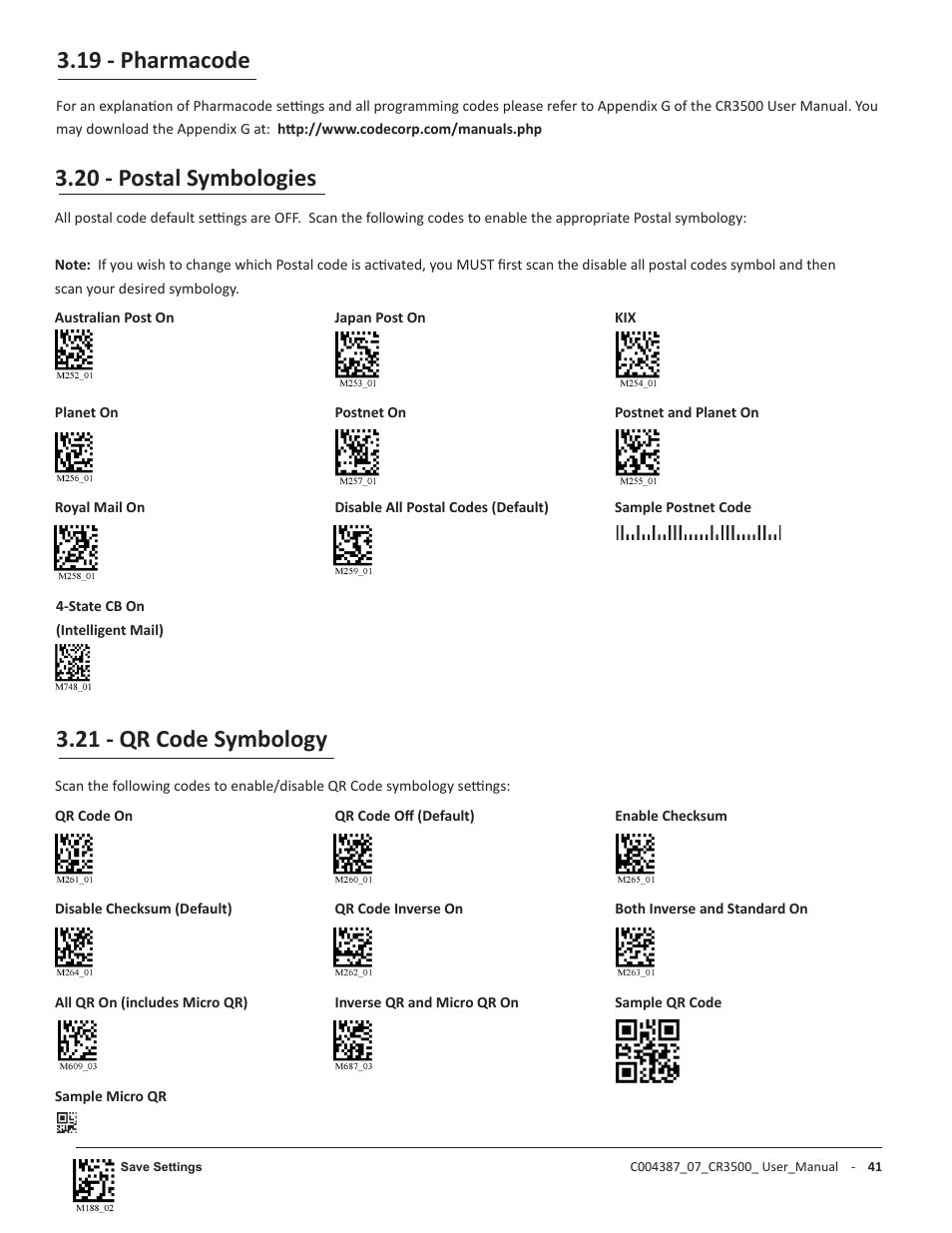 19 - pharmacode, 20 - postal symbologies, 21 - qr code symbology | Code CR3500 User Manual | Page 47 / 64
