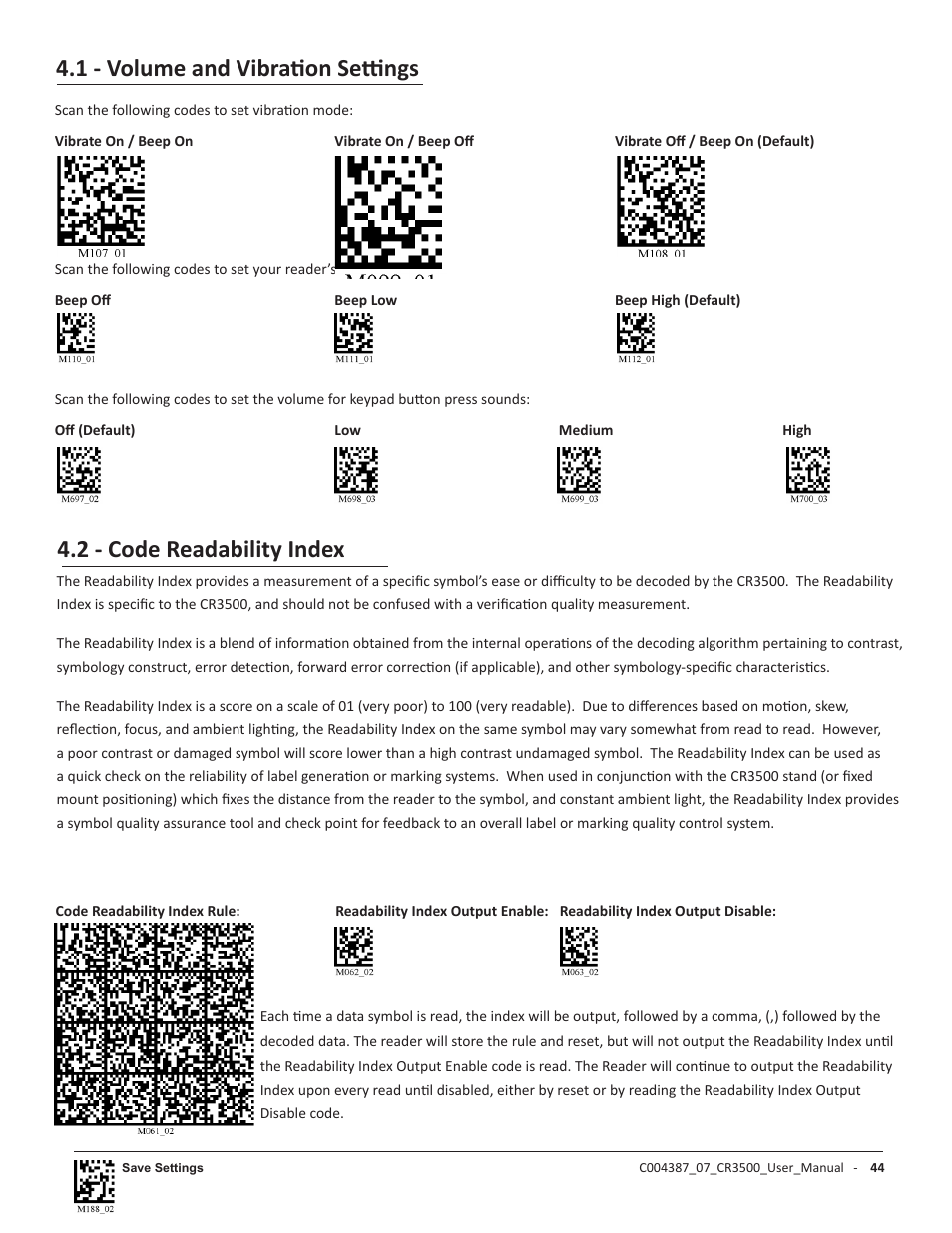 1 - volume and vibration settings, 2 - code readability index | Code CR3500 User Manual | Page 50 / 64