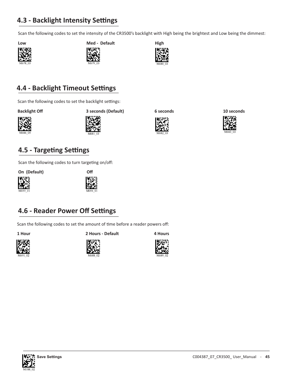 3 - backlight intensity settings, 6 - reader power off settings | Code CR3500 User Manual | Page 51 / 64