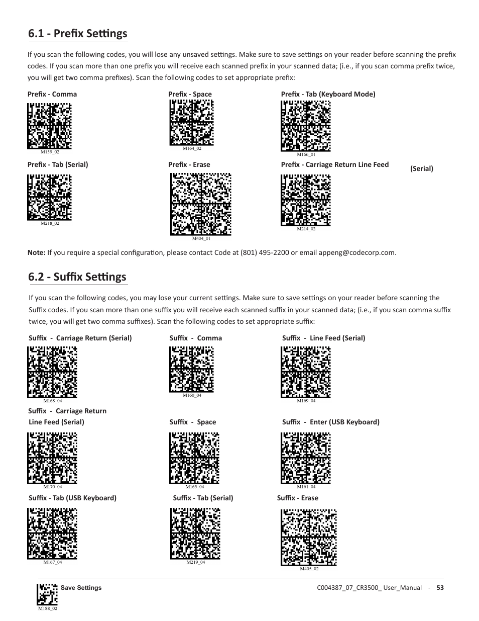 1 - prefix settings, 2 - suffix settings | Code CR3500 User Manual | Page 59 / 64
