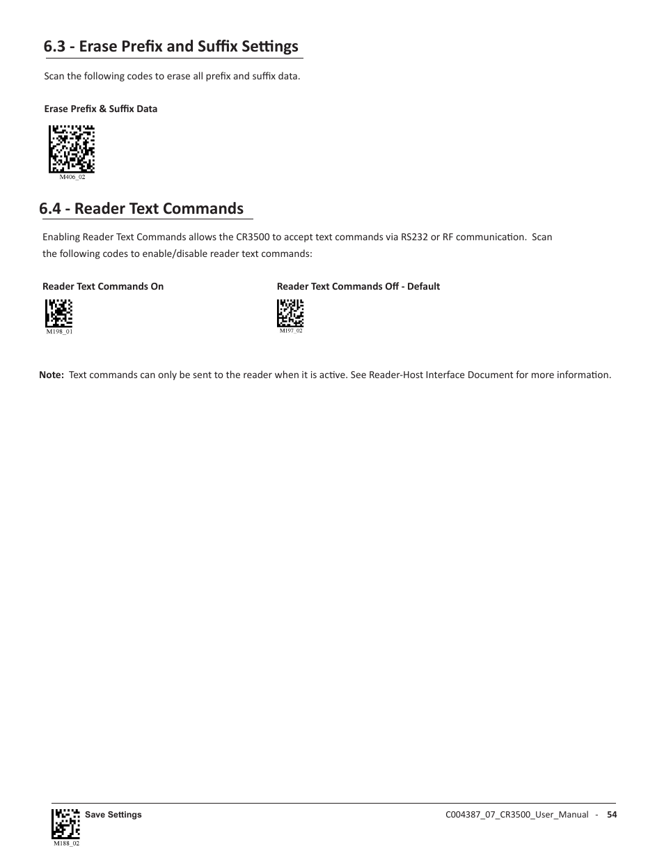 4 - reader text commands, 3 - erase prefix and suffix settings | Code CR3500 User Manual | Page 60 / 64