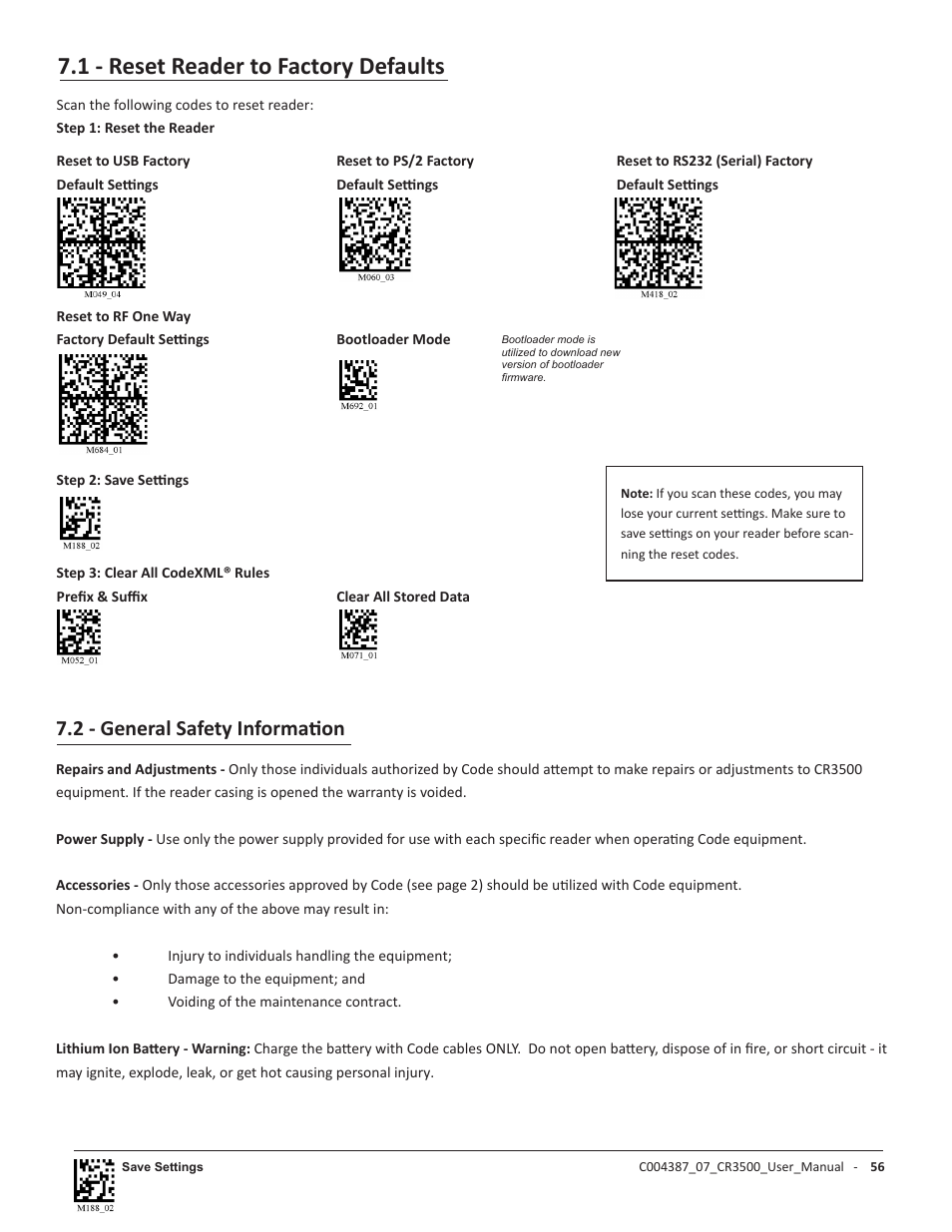 1 - reset reader to factory defaults, 2 - general safety information | Code CR3500 User Manual | Page 62 / 64
