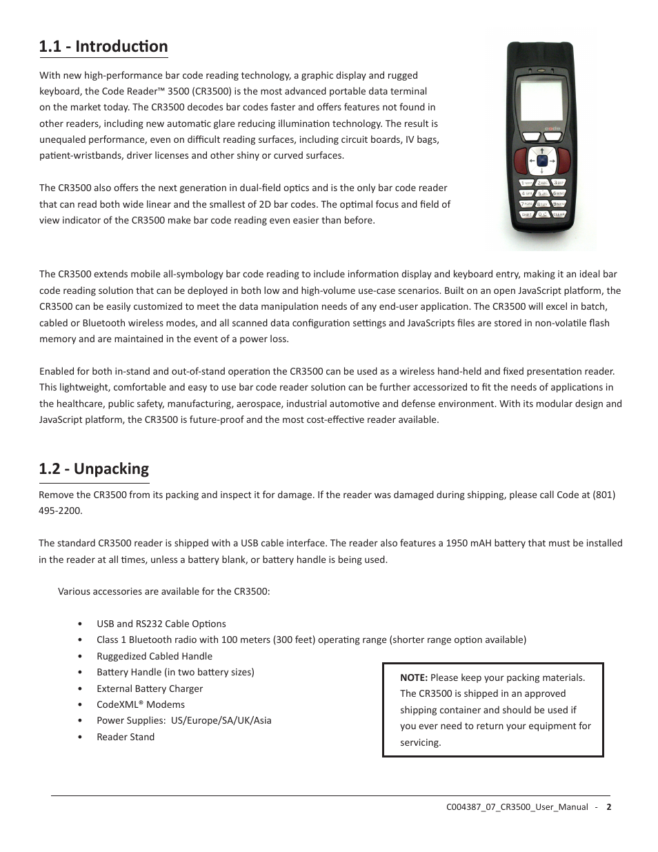 1 - introduction, 2 - unpacking | Code CR3500 User Manual | Page 8 / 64