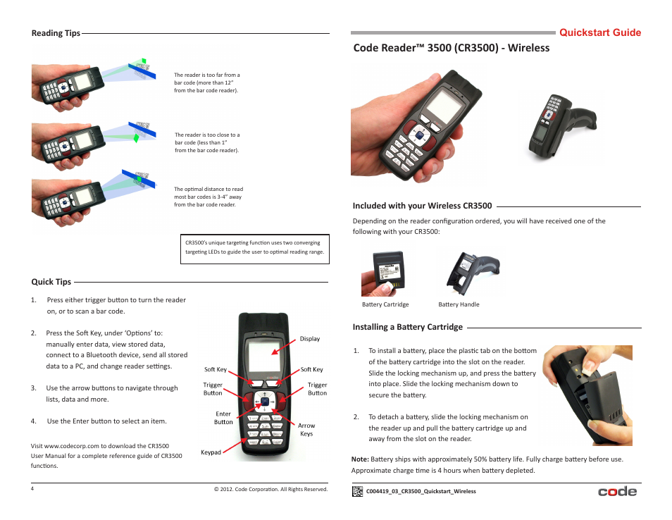 Code CR3500 Wireless Quick Start User Manual | 2 pages