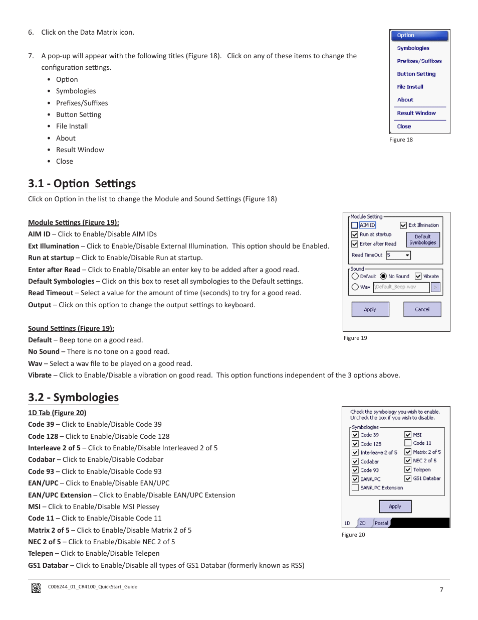 1 - option settings, 2 - symbologies | Code CR4100 Quick Start User Manual | Page 11 / 14