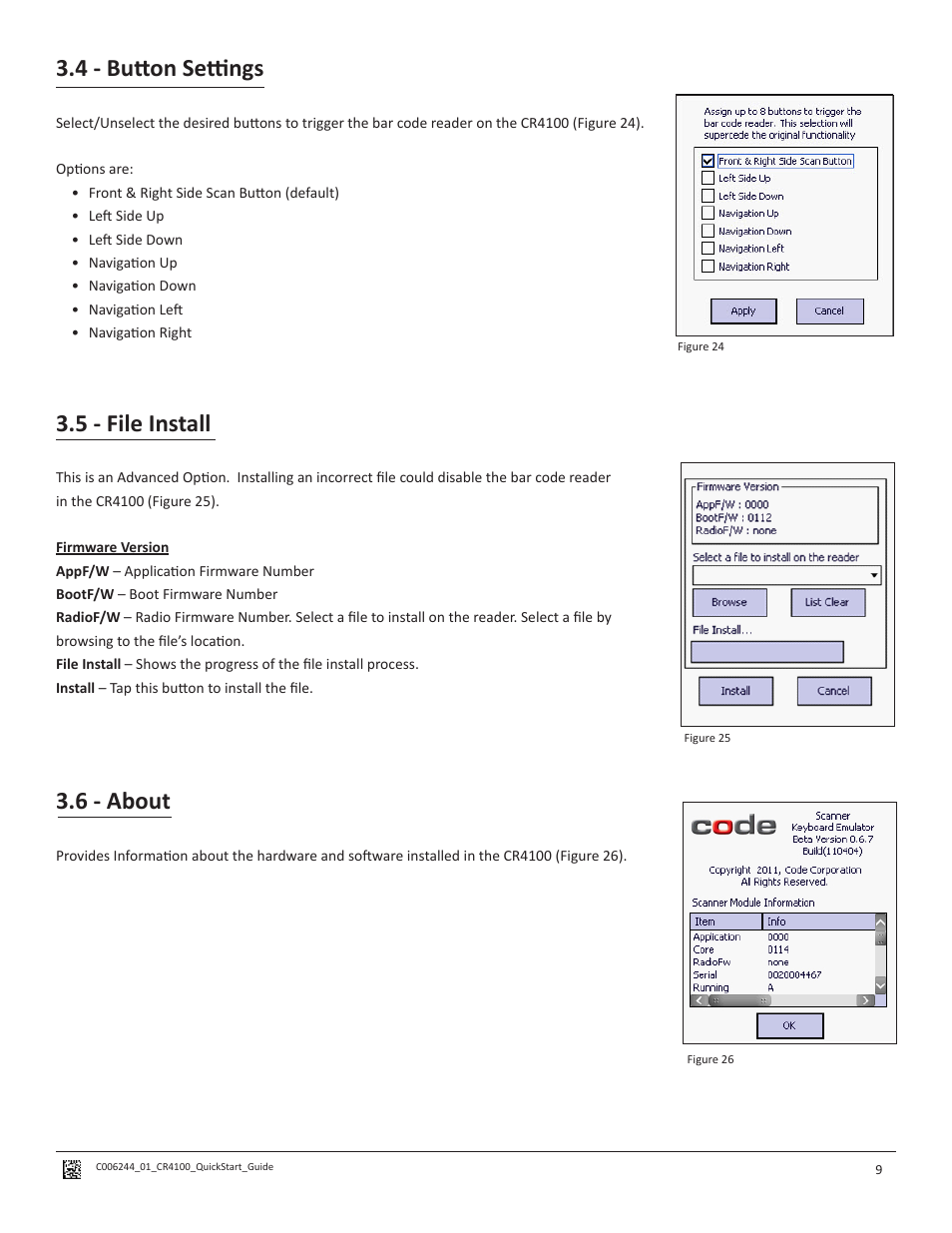 4 - button settings, 5 - file install, 6 - about | Code CR4100 Quick Start User Manual | Page 13 / 14