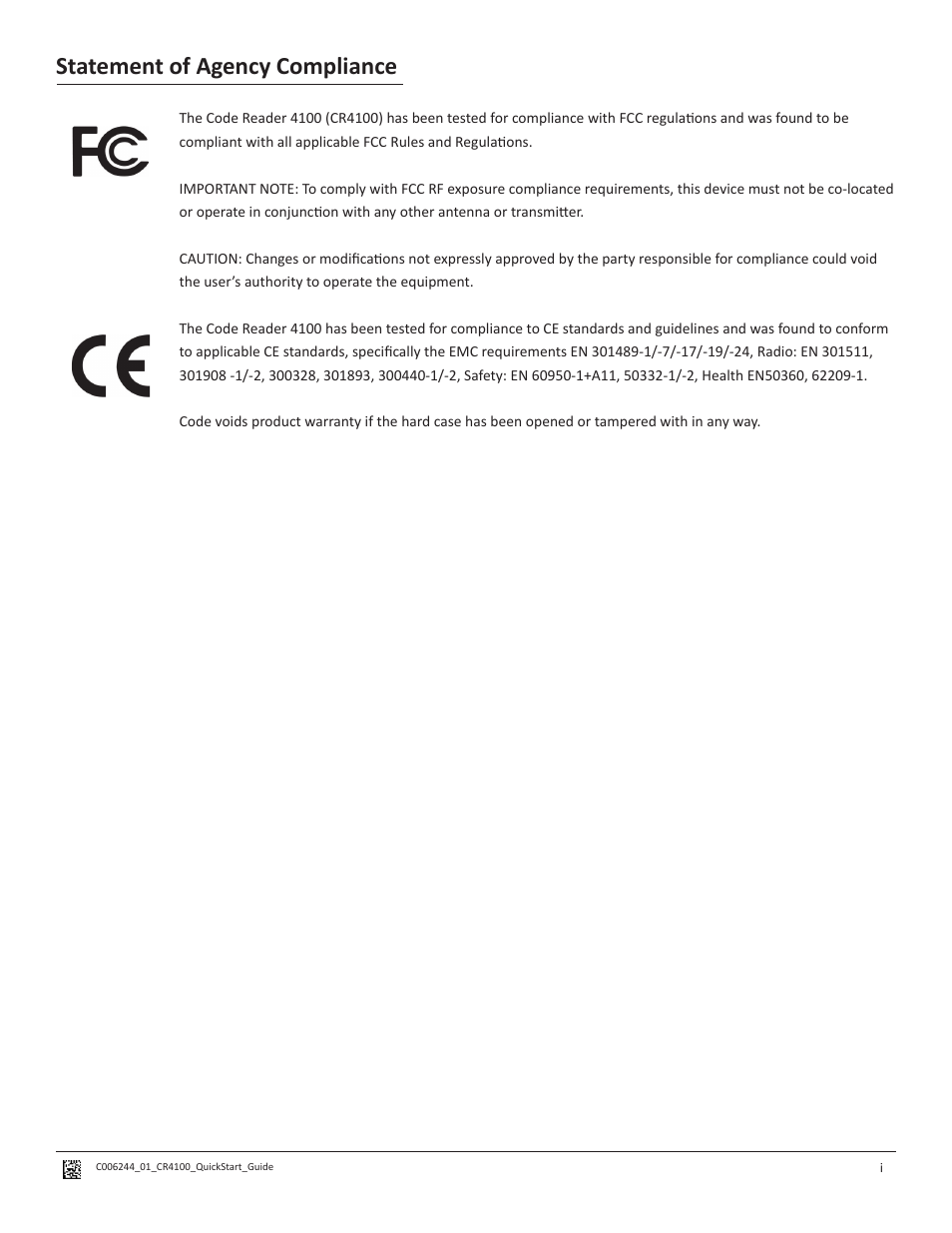 Statement of agency compliance | Code CR4100 Quick Start User Manual | Page 2 / 14