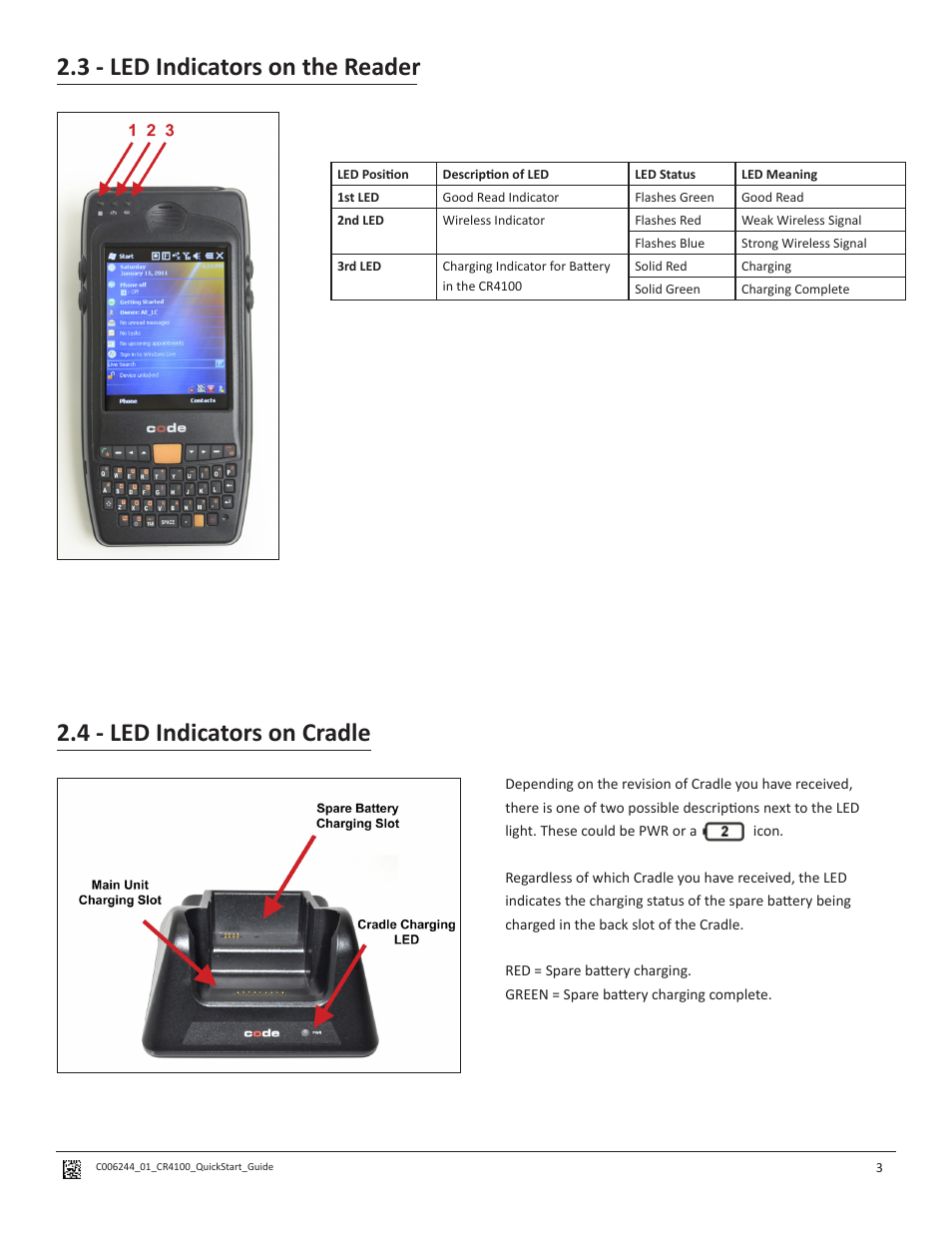 3 - led indicators on the reader, 4 - led indicators on cradle | Code CR4100 Quick Start User Manual | Page 7 / 14