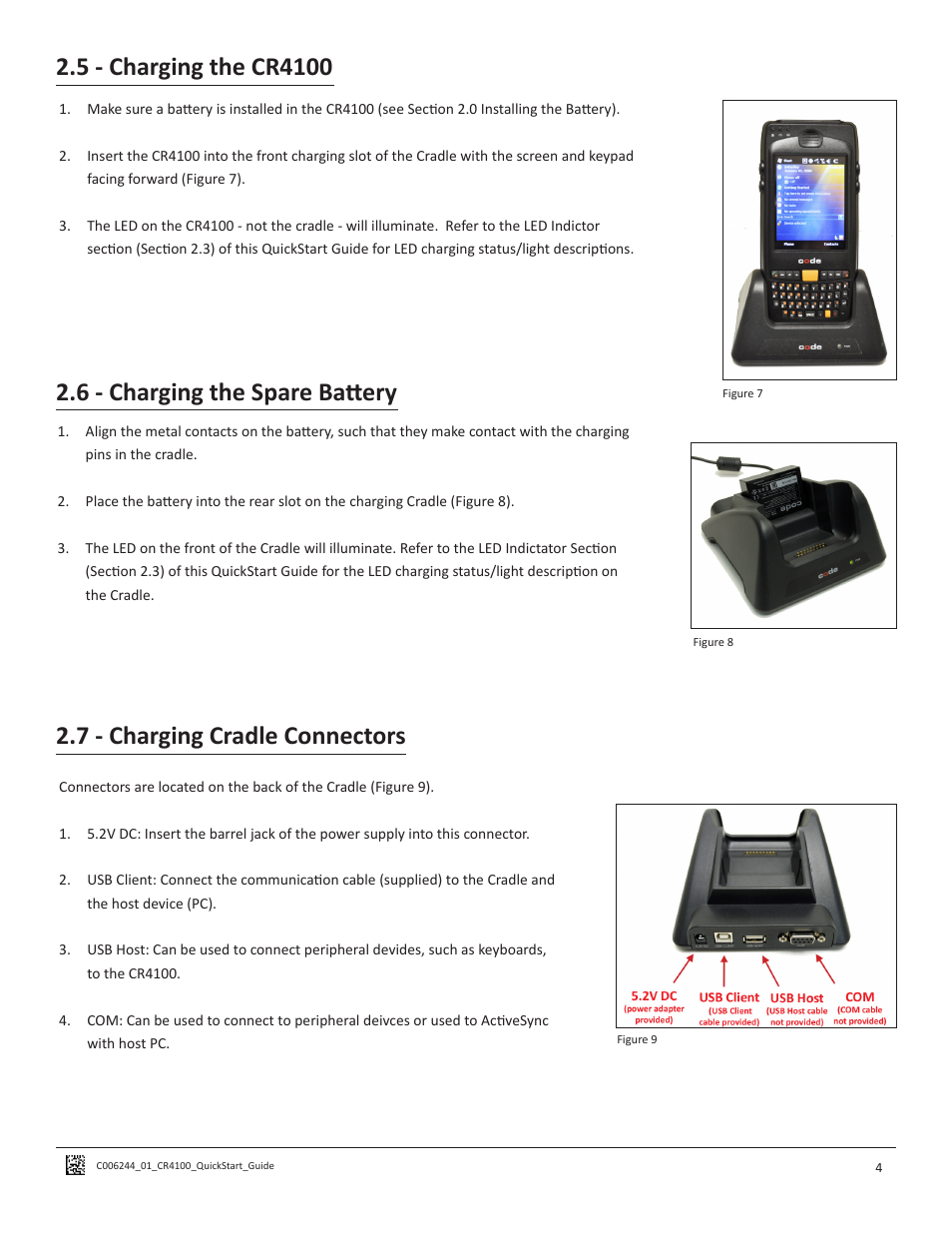 6 - charging the spare battery, 7 - charging cradle connectors | Code CR4100 Quick Start User Manual | Page 8 / 14