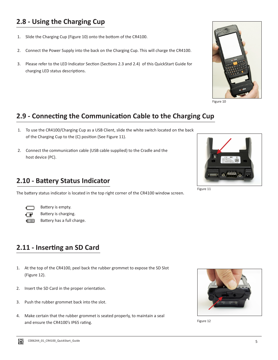 10 - battery status indicator, 11 - inserting an sd card | Code CR4100 Quick Start User Manual | Page 9 / 14