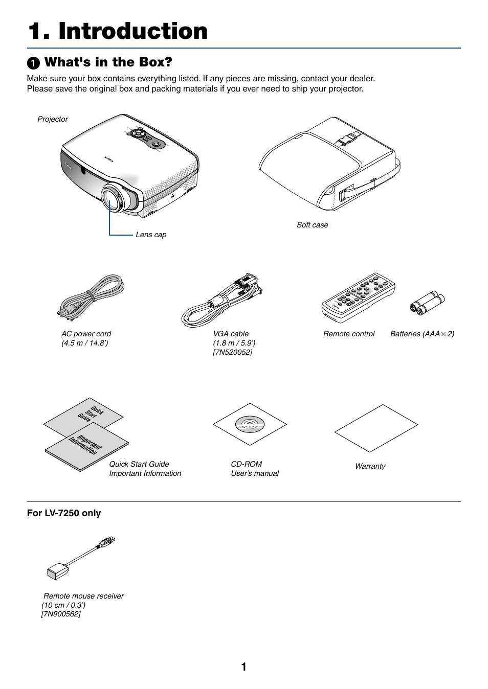 Introduction, 1) what's in the box, ᕡ what's in the box | For lv-7250 only, Remote control batteries (aaa, Quick start guide | Canon LV-X6 User Manual | Page 10 / 77