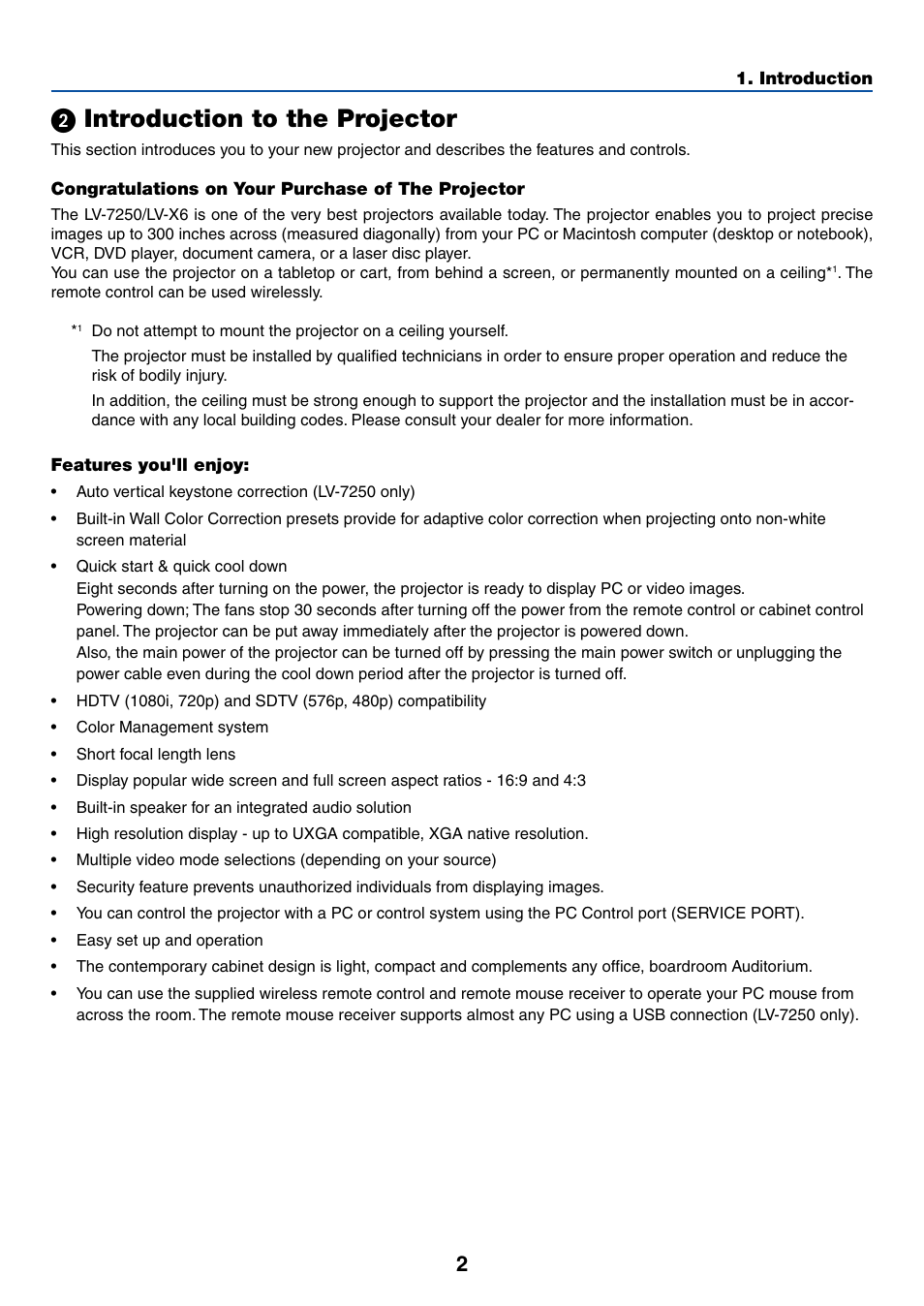 2) introduction to the projector, Congratulations on your purchase of the projector, Features you'll enjoy | ᕢ introduction to the projector | Canon LV-X6 User Manual | Page 11 / 77