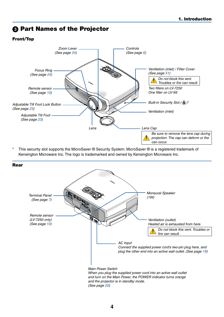 3) part names of the projector, Front/top, Rear | ᕣ part names of the projector, Introduction | Canon LV-X6 User Manual | Page 13 / 77