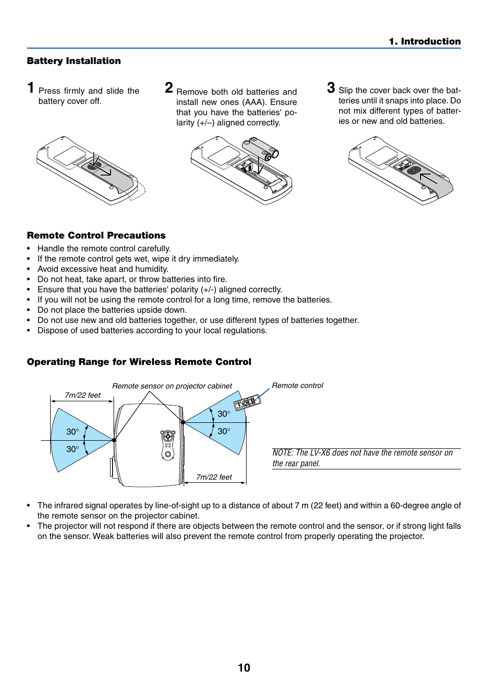 Battery installation, Remote control precautions, Operating range for wireless remote control | Canon LV-X6 User Manual | Page 19 / 77