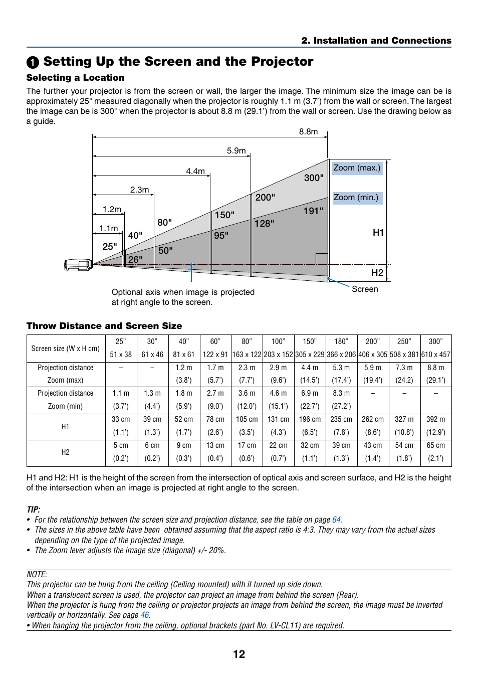 1) setting up the screen and the projector, Selecting a location, Throw distance and screen size | ᕡ setting up the screen and the projector | Canon LV-X6 User Manual | Page 21 / 77