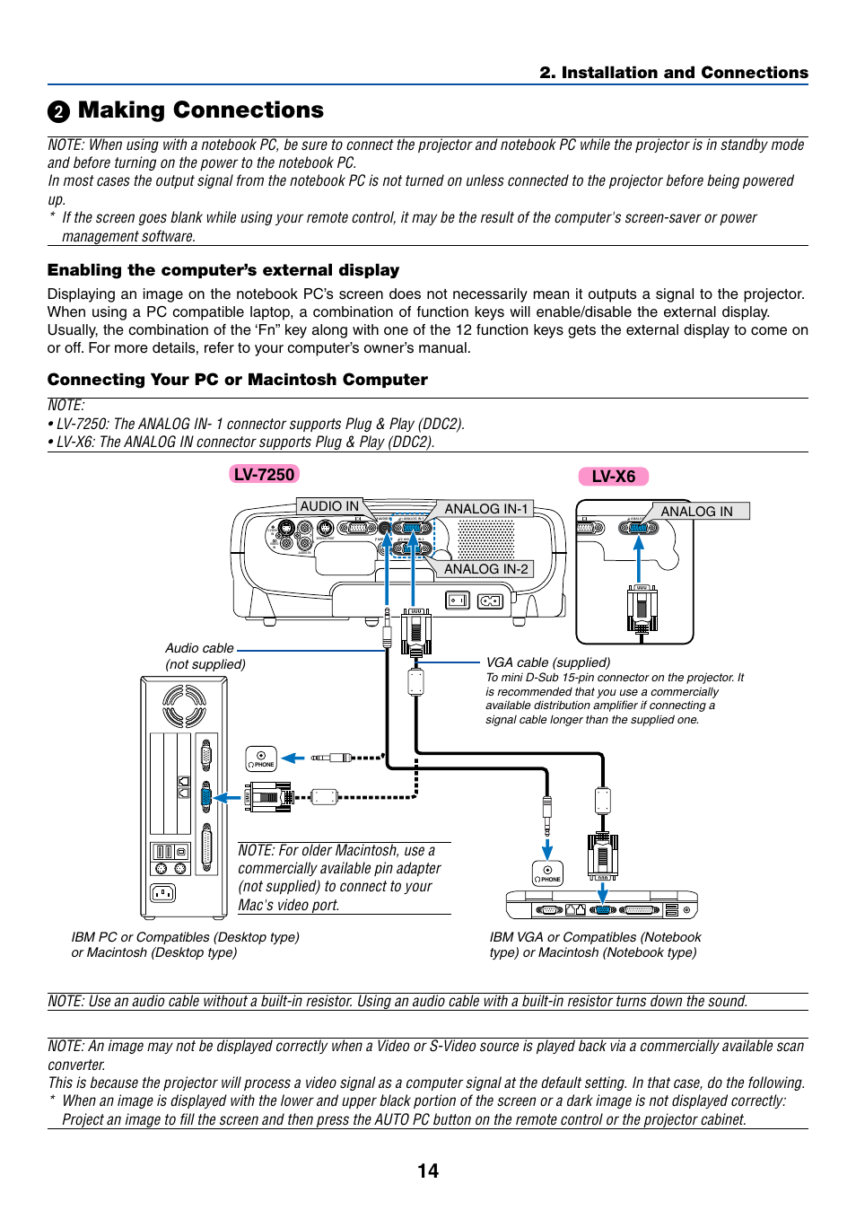 2) making connections, Enabling the computer’s external display, Connecting your pc or macintosh computer | ᕢ making connections, Installation and connections | Canon LV-X6 User Manual | Page 23 / 77