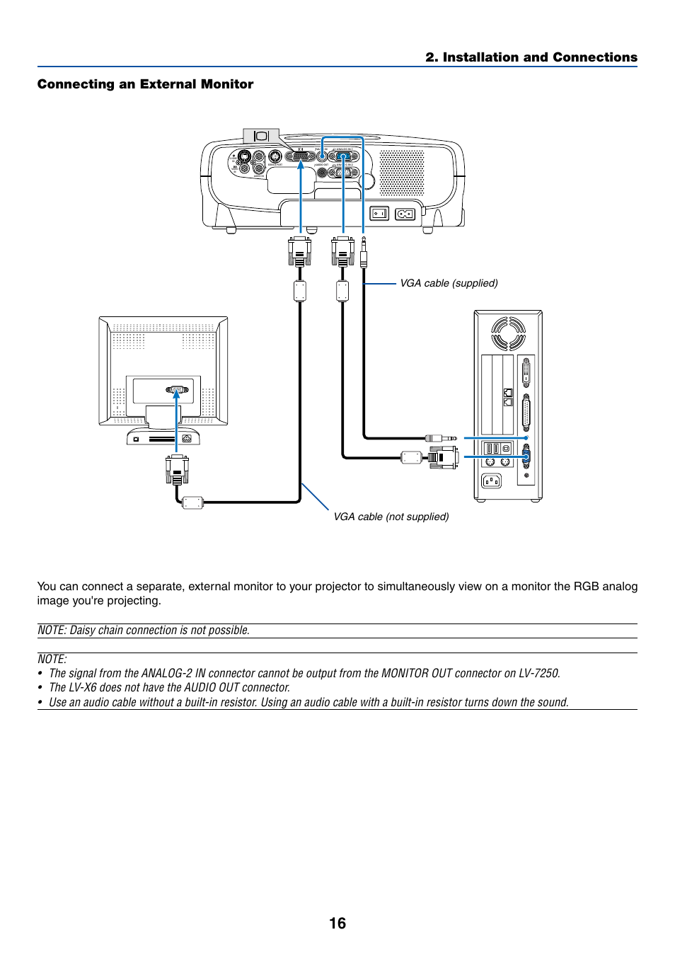 Connecting an external monitor, Vga cable (supplied) vga cable (not supplied) | Canon LV-X6 User Manual | Page 25 / 77