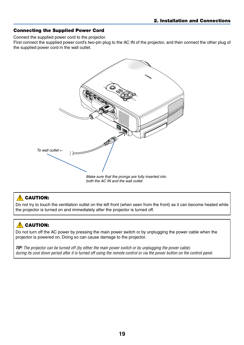 Connecting the supplied power cord, Installation and connections, Caution | Canon LV-X6 User Manual | Page 28 / 77