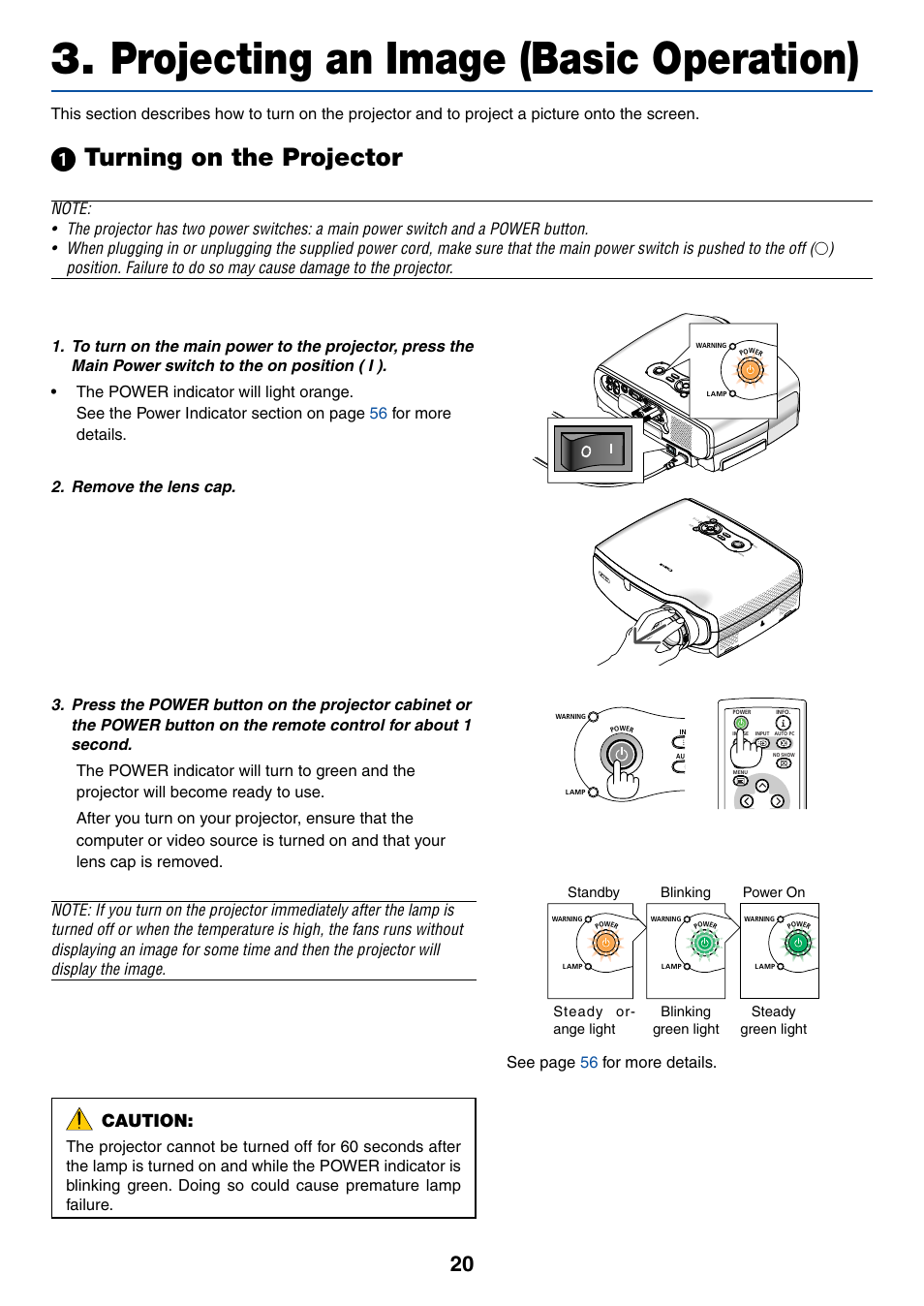 Projecting an image (basic operation), 1) turning on the projector, ᕡ turning on the projector | Caution, Remove the lens cap | Canon LV-X6 User Manual | Page 29 / 77