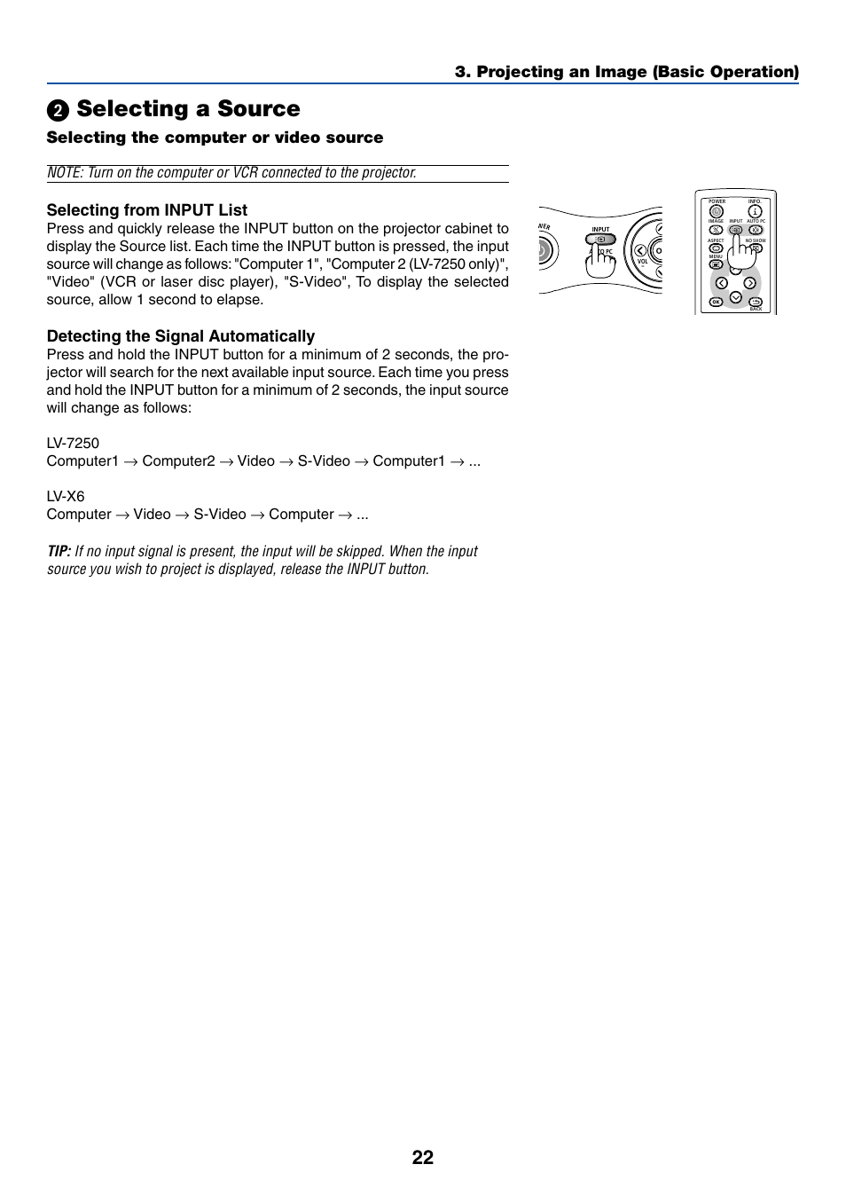 2) selecting a source, Selecting the computer or video source, ᕢ selecting a source | Projecting an image (basic operation), Selecting from input list, Detecting the signal automatically | Canon LV-X6 User Manual | Page 31 / 77