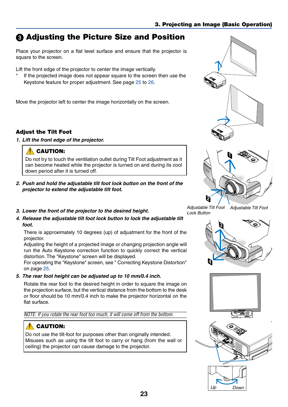 3) adjusting the picture size and position, Adjust the tilt foot, ᕣ adjusting the picture size and position | Canon LV-X6 User Manual | Page 32 / 77