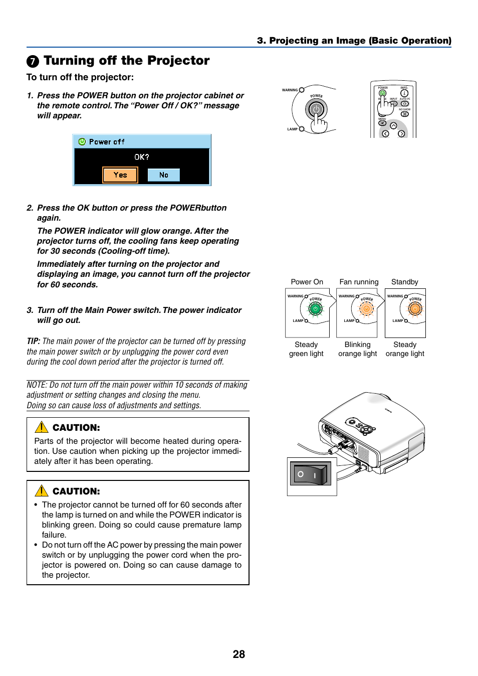 7) turning off the projector, ᕧ turning off the projector, Caution | Canon LV-X6 User Manual | Page 37 / 77